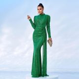 High-end evening dress long sleeve round neck sexy slim fit long sequin banquet bridesmaid dress