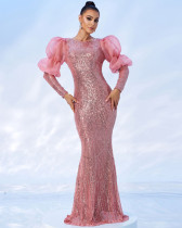 High-end long-sleeved round-neck sexy long sequined banquet evening dress bridesmaid dress