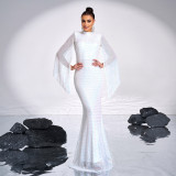 High-end long-sleeved temperament round-neck sexy long sequined banquet evening dress bridesmaid dress