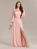 Women's Multi-Wear Elegant Tube Top Elastic Long Sleeve Back Zipper High Slit Dress A-Line Chiffon Dress