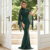 High-end long-sleeved temperament round-neck sexy long sequined banquet evening dress bridesmaid dress