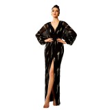 High-end long-sleeved V-neck sexy long sequined banquet evening dress bridesmaid dress