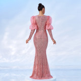 High-end long-sleeved round-neck sexy long sequined banquet evening dress bridesmaid dress