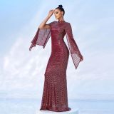 High-end long-sleeved temperament round-neck sexy long sequined banquet evening dress bridesmaid dress