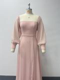Women's Multi-Wear Elegant Tube Top Elastic Long Sleeve Back Zipper High Slit Dress A-Line Chiffon Dress