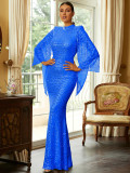 High-end long-sleeved temperament round-neck sexy long sequined banquet evening dress bridesmaid dress