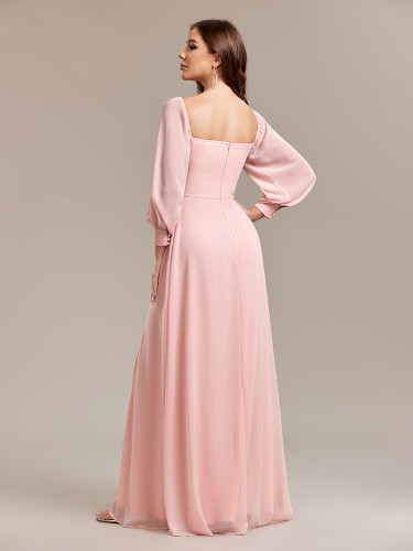 Women's Multi-Wear Elegant Tube Top Elastic Long Sleeve Back Zipper High Slit Dress A-Line Chiffon Dress
