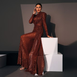High-end evening dress long sleeve round neck sexy slim fit long sequin banquet bridesmaid dress