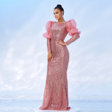 High-end long-sleeved round-neck sexy long sequined banquet evening dress bridesmaid dress