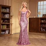 Women's square neck formal mermaid sequin sleeveless party evening dress