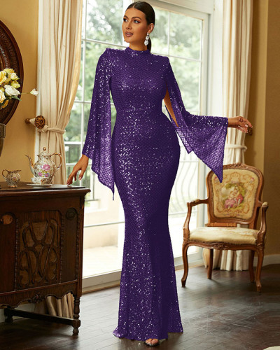 High-end long-sleeved temperament round-neck sexy long sequined banquet evening dress bridesmaid dress
