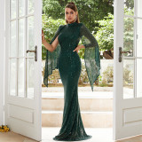 High-end long-sleeved temperament round-neck sexy long sequined banquet evening dress bridesmaid dress