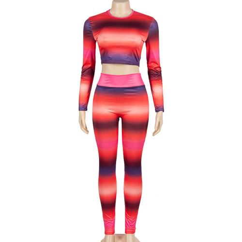 Autumn round neck long sleeve printed top slim fit trousers women's set