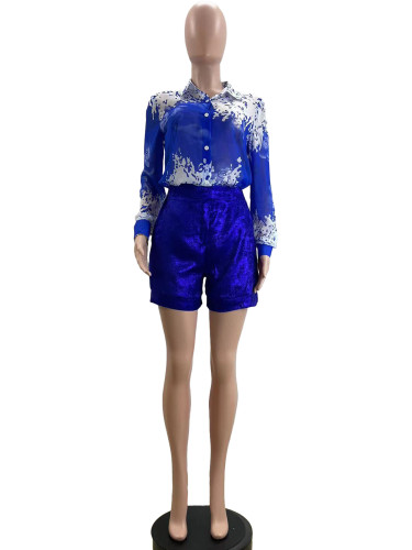 Autumn Women Casual Blouse Shorts Set