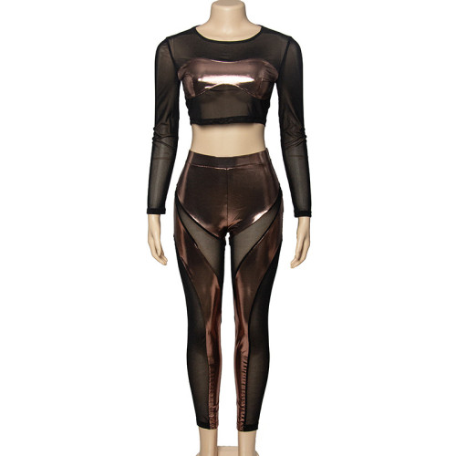 Solid color long sleeve mesh patchwork sexy high waist trousers women's set