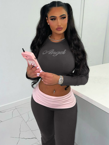Autumn fitness diamond contrast color round neck long sleeve flared pants two piece set