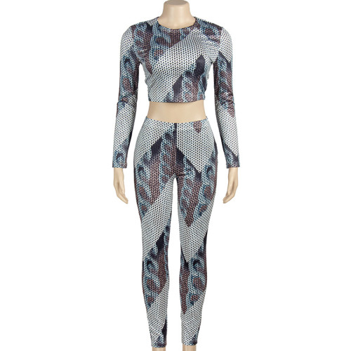 Women round neck long sleeve slim fit top high waist printed trousers set