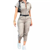 Women overalls short sleeves multi-pockets cargo jumpsuit