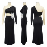 One Shoulder Long Sleeve Sexy Flower Beaded Evening Dress