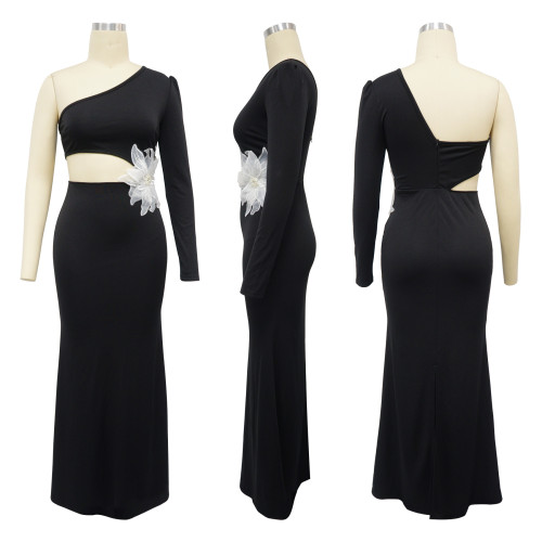 One Shoulder Long Sleeve Sexy Flower Beaded Evening Dress
