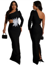 One Shoulder Long Sleeve Sexy Flower Beaded Evening Dress