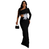 One Shoulder Long Sleeve Sexy Flower Beaded Evening Dress