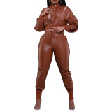 Women PU leather two piece set