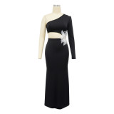 One Shoulder Long Sleeve Sexy Flower Beaded Evening Dress