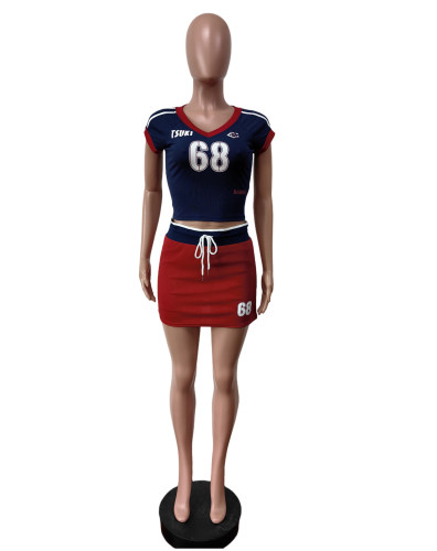 Sports printed contrast colors ribbed top and skirt set