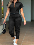 Women overalls short sleeves multi-pockets cargo jumpsuit