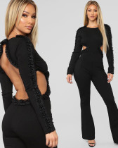 Women black long sleeve pearl sexy backless jumpsuit