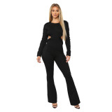 Women black long sleeve pearl sexy backless jumpsuit