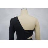 One Shoulder Long Sleeve Sexy Flower Beaded Evening Dress