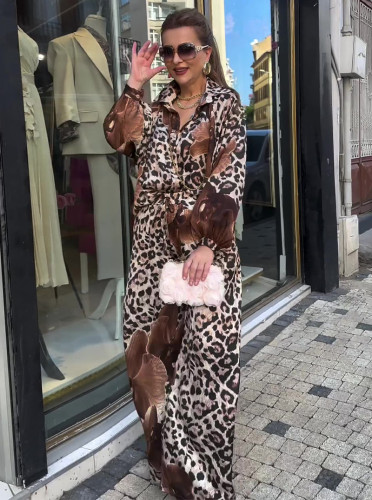 Autumn women elegant leopard floral print blouse + pants matching two piece set