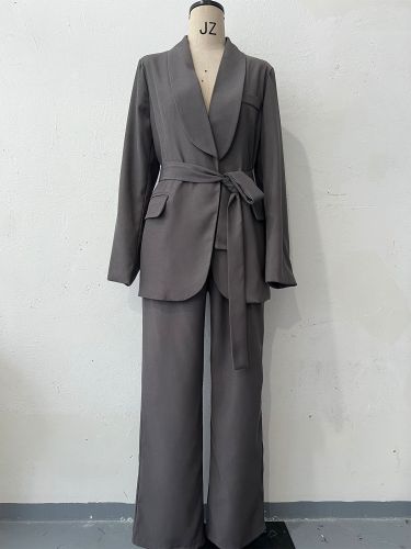 Autumn women solid color long blazer + wide leg pants professional suit
