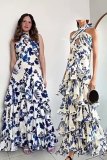 Blue print halter neck long maxi dress