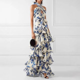 Blue print halter neck long maxi dress