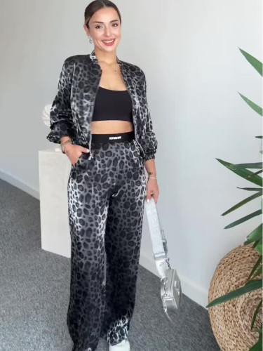 Autumn women leopard print jacket + pants matching two piece set