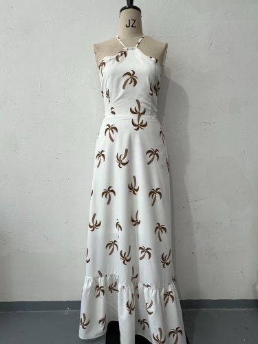 Autumn women print halter neck sexy open back long maxi dress