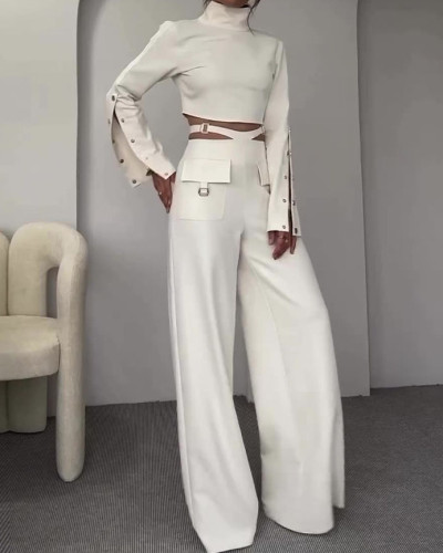 Autumn high collar solid color crop top loose wide-leg pants set for women