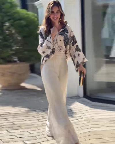 Autumn women elegant printed blouse and wide-leg pants two-piece set