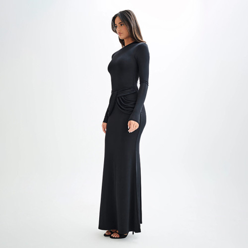 Autumn women solid color long sleeved elegant long maxi dress