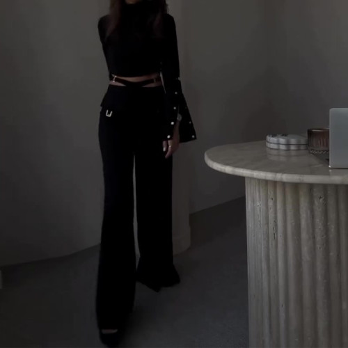 Autumn high collar solid color crop top loose wide-leg pants set for women