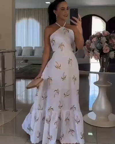 Autumn women print halter neck sexy open back long maxi dress