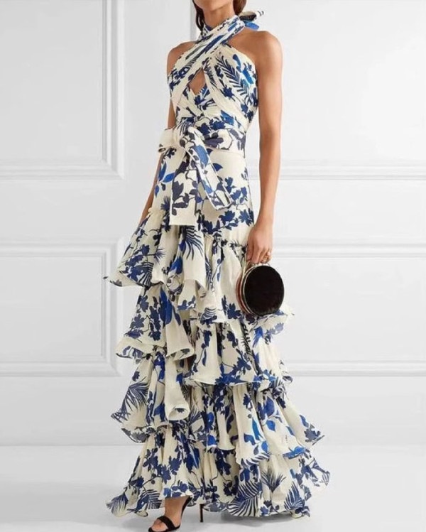 Blue print halter neck long maxi dress