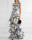 Blue print halter neck long maxi dress