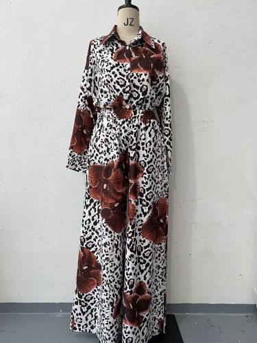 Autumn women elegant leopard floral print blouse + pants matching two piece set
