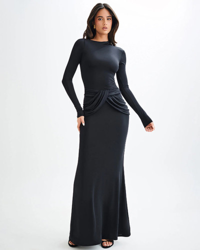 Autumn women solid color long sleeved elegant long maxi dress