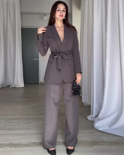 Autumn women solid color long blazer + wide leg pants professional suit