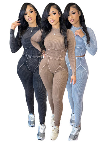 Autumn and winter distressed ribbed top + pants set